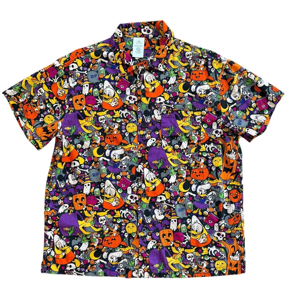 Disney Parks Mens Halloween Mickey Donald Pluto Button Down Shirt Medium